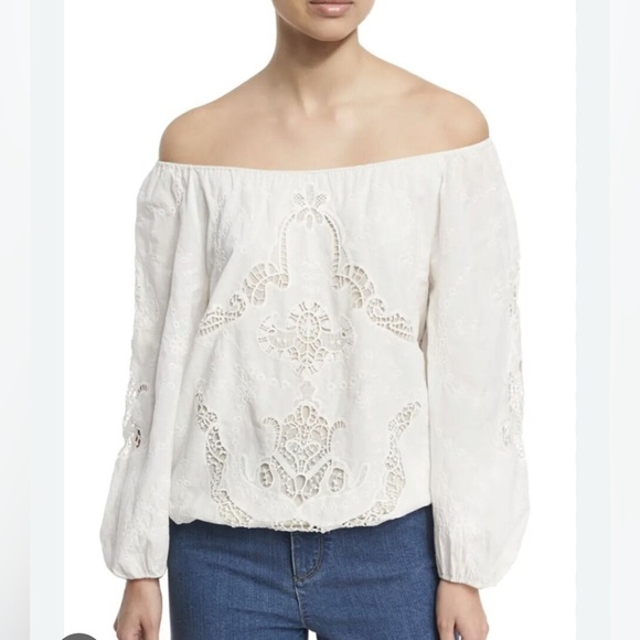 Alice + Olivia Alta Peasant Cutout Embroidered Blouse, Top, white,Medium - Picture 1 of 6
